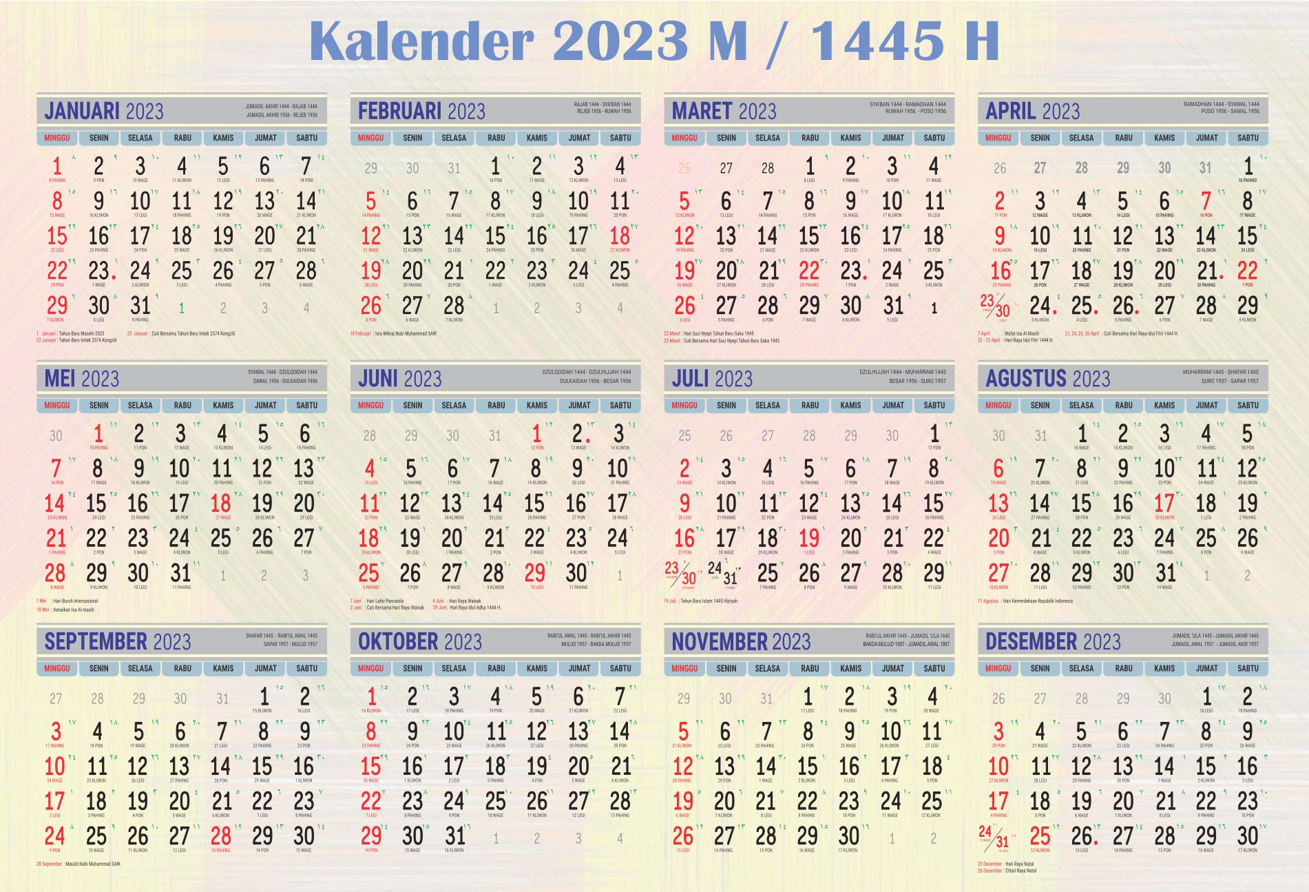 Download Template Kalender Tahun 2023 M 1445 H Ikutan Ngeblog